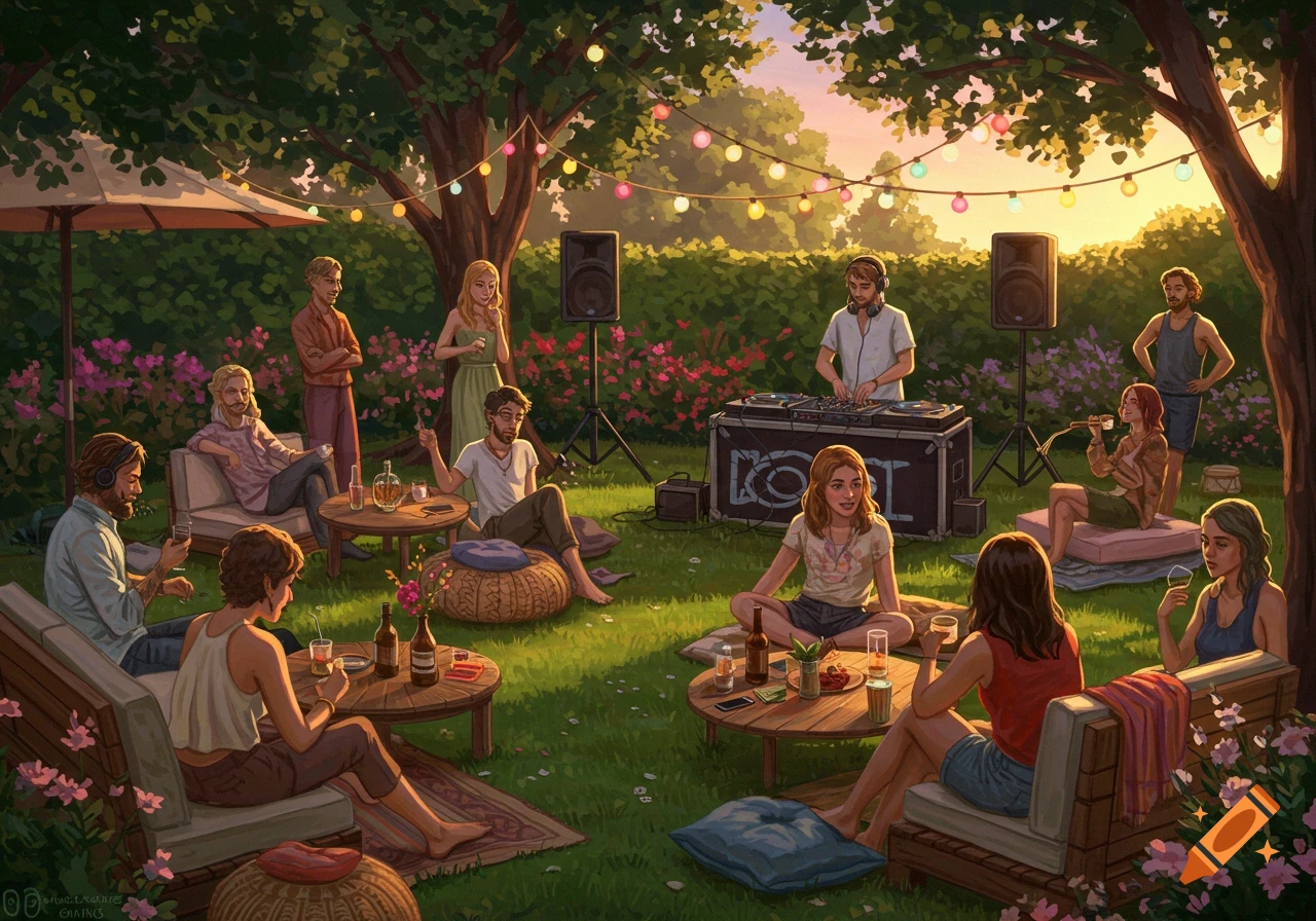 An illustration of people relaxing at an outdoor garden party with a DJ playing music at sunset.