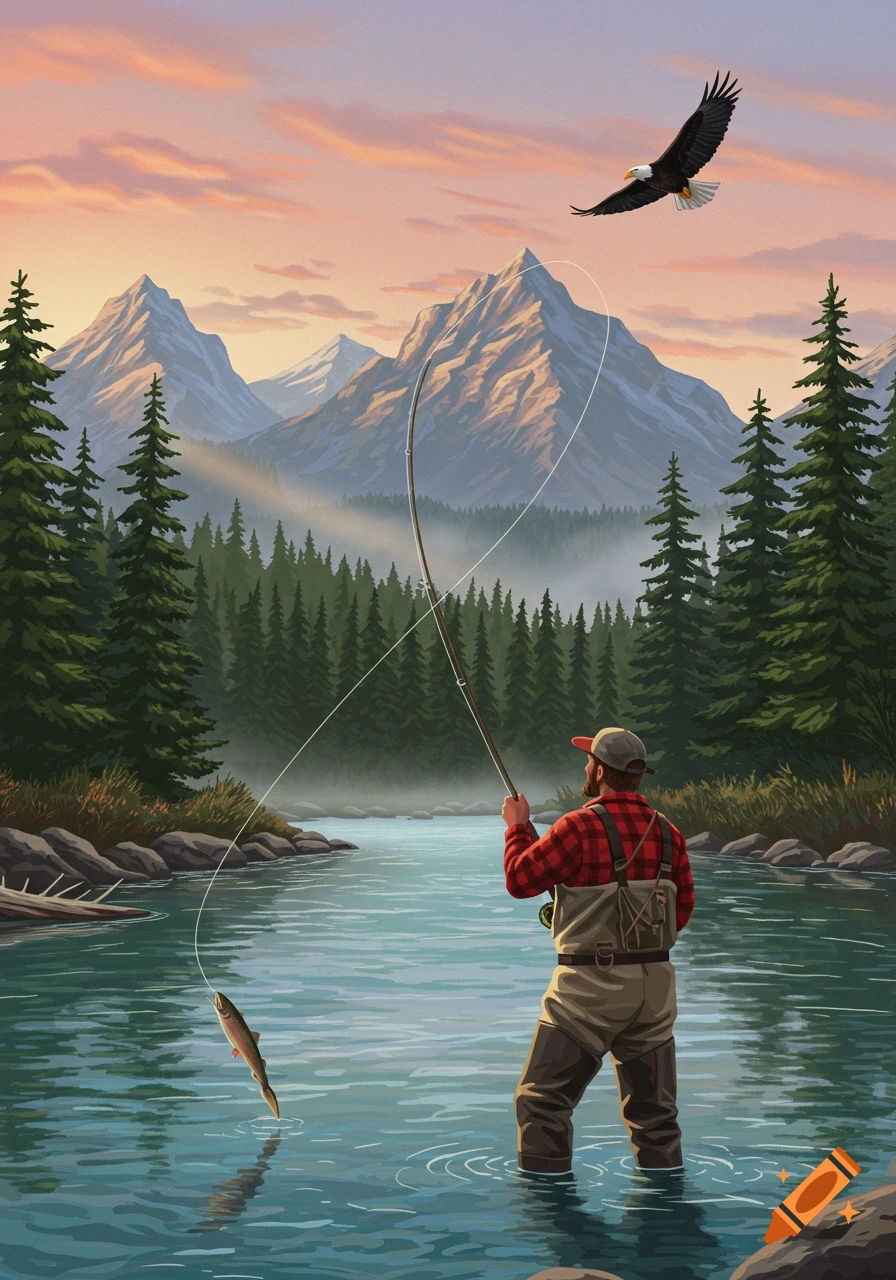 An illustrated scene of a man fly fishing in a river with mountains and pine trees in the background, and an eagle flying overhead.