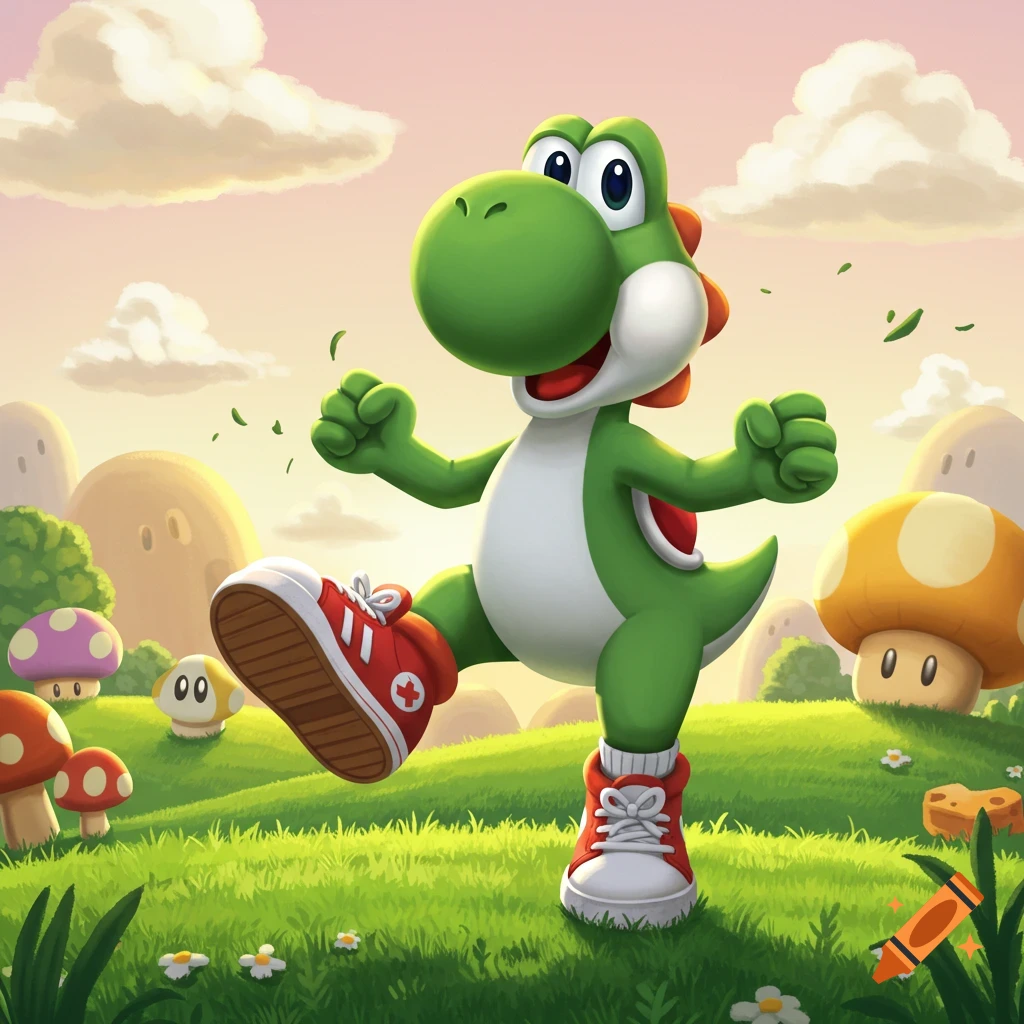 Yoshi in red and white sneakers stands in a grassy Super Mario-themed landscape under a cloudy sky.