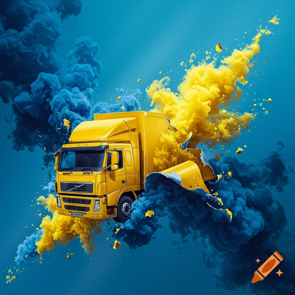 A yellow truck amidst swirling blue and yellow smoke and peeling layers against a blue background.