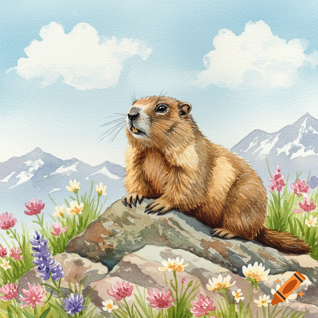 Watercolor painting of a marmot on a rock amidst wildflowers and mountains under a blue sky.