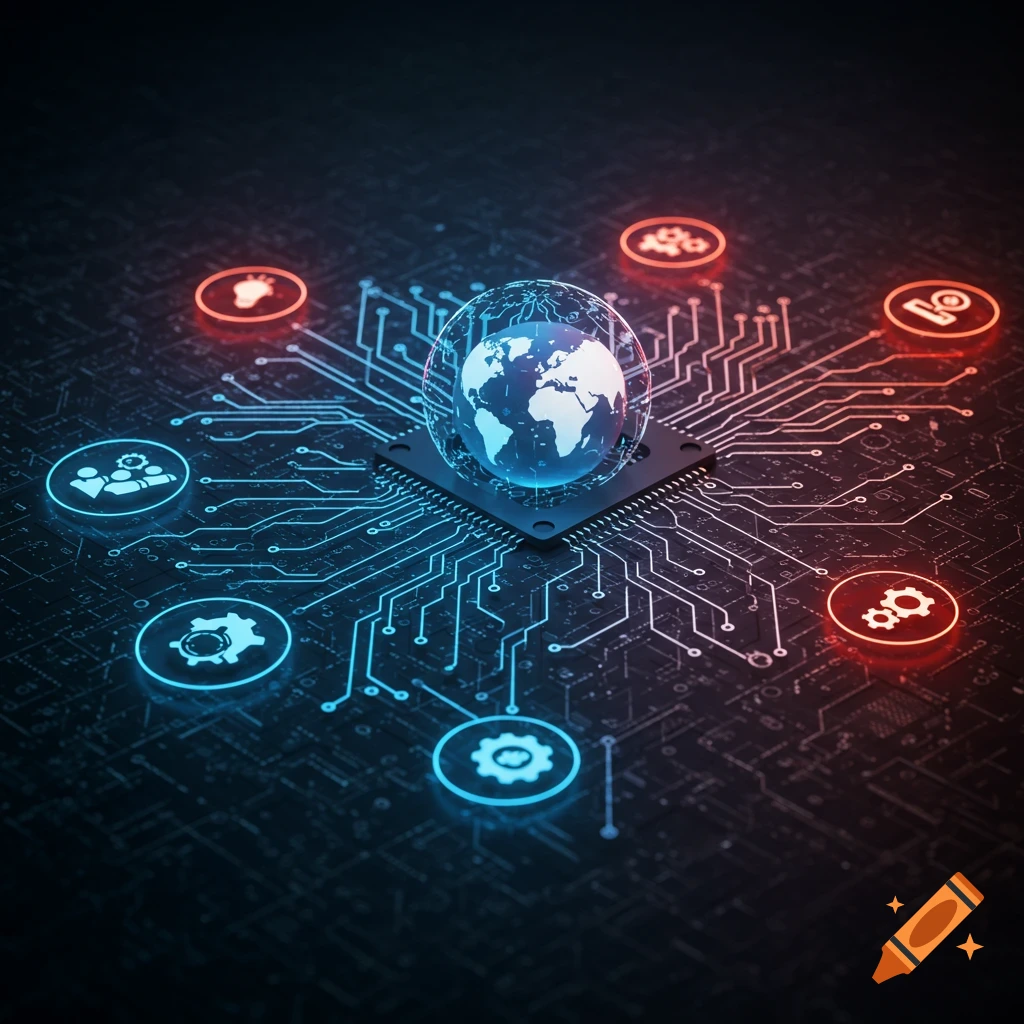 A glowing globe on a microchip surrounded by circuit board lines and illuminated icons, representing global technology and data.
