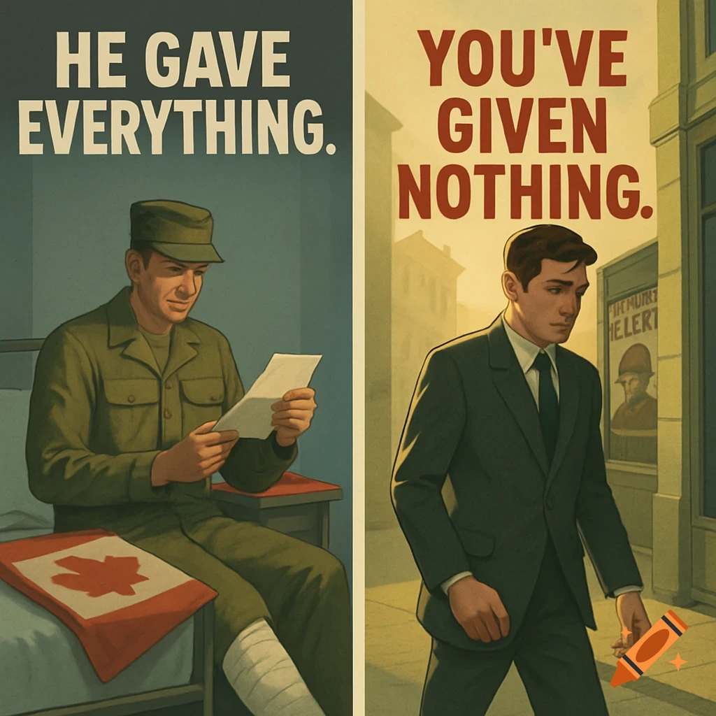 A split vintage poster. Left: A wounded soldier in bed with a Canadian flag. Right: A man walking, looking guilty. Text: 'HE GAVE EVERYTHING. YOU'VE GIVEN NOTHING.'