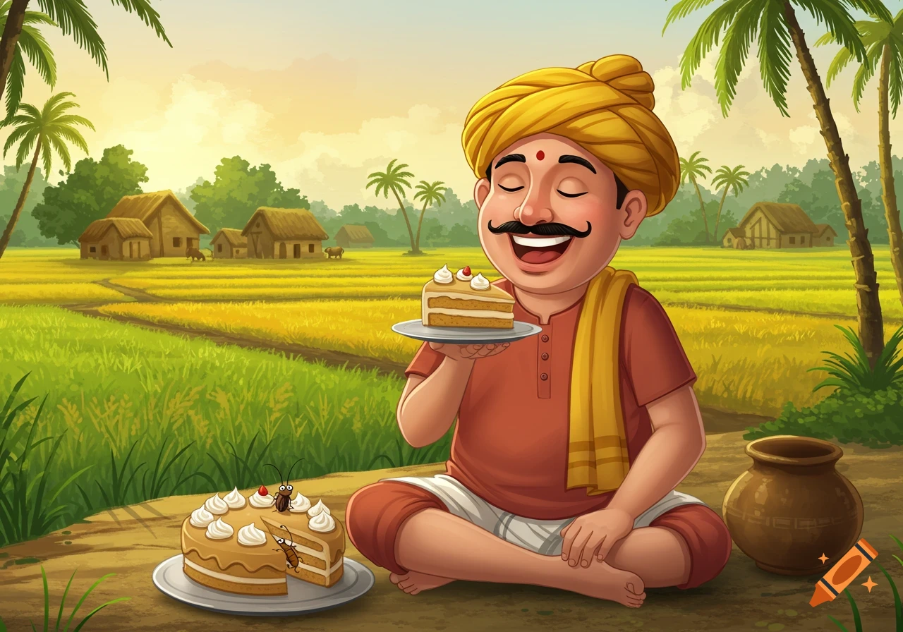 A cartoon Bengali farmer happily eats a slice of cake, while cockroaches are on and in another cake, in a sunny rural village.