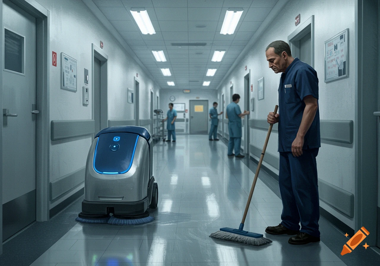 A sad cleaner watches a robotic scrubber clean a hospital corridor.