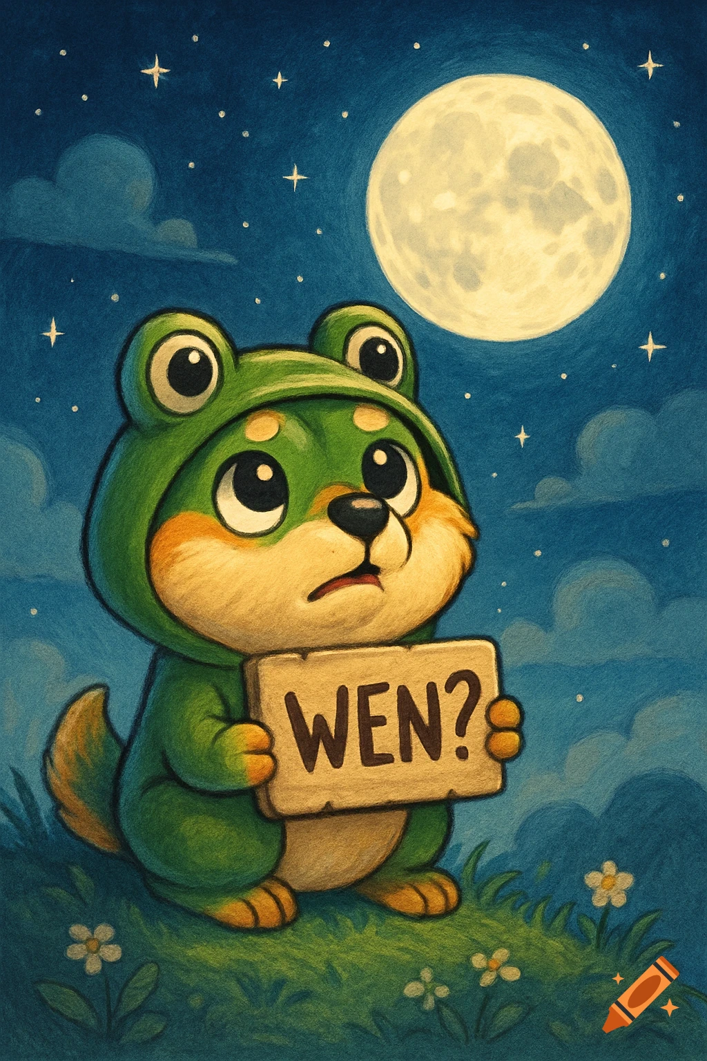 Cute cartoon shiba dog wearing a green frog costume, holding a 'WEN?' sign, looking up at a full moon in a starry night sky.