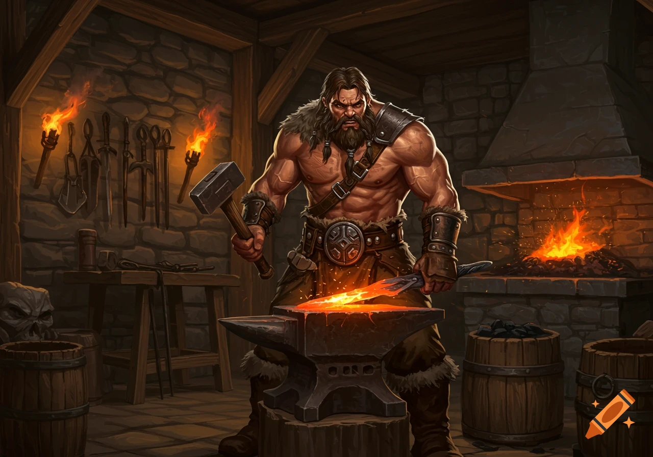 A muscular barbarian blacksmith with a beard hammers glowing metal on an anvil in a dark, stone forge, in a detailed fantasy art style.