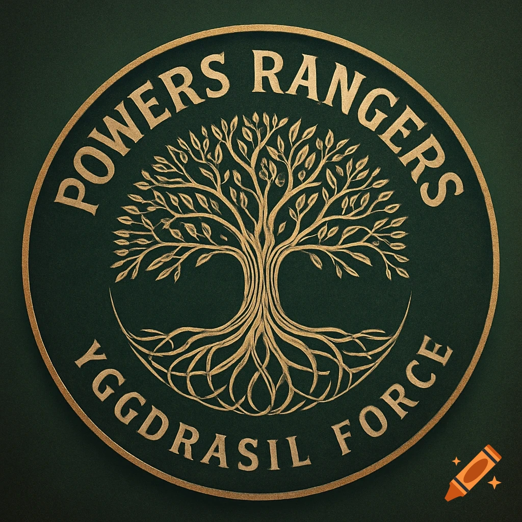 A round gold and dark green logo featuring a golden tree of life, with 'POWERS RANGERS' at the top and 'YGGDRASIL FORCE' at the bottom.