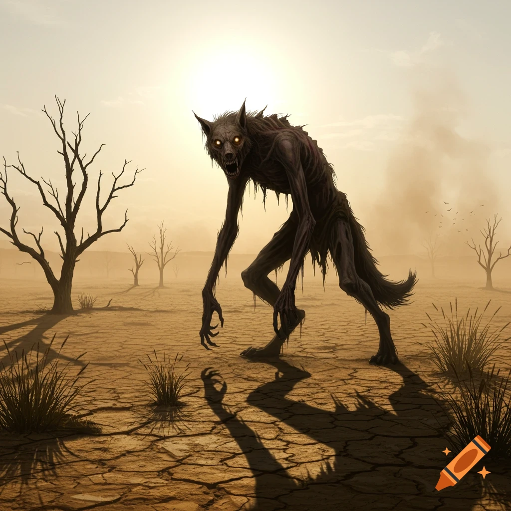 An emaciated werewolf-like creature with glowing eyes stands in a desolate, cracked desert landscape under a bright sun.