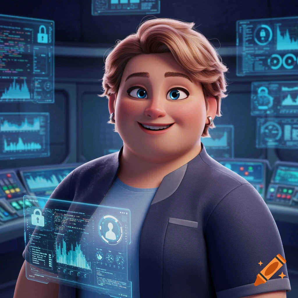 A smiling cartoon woman with blonde hair in Pixar style stands in a futuristic control room with holographic data screens.