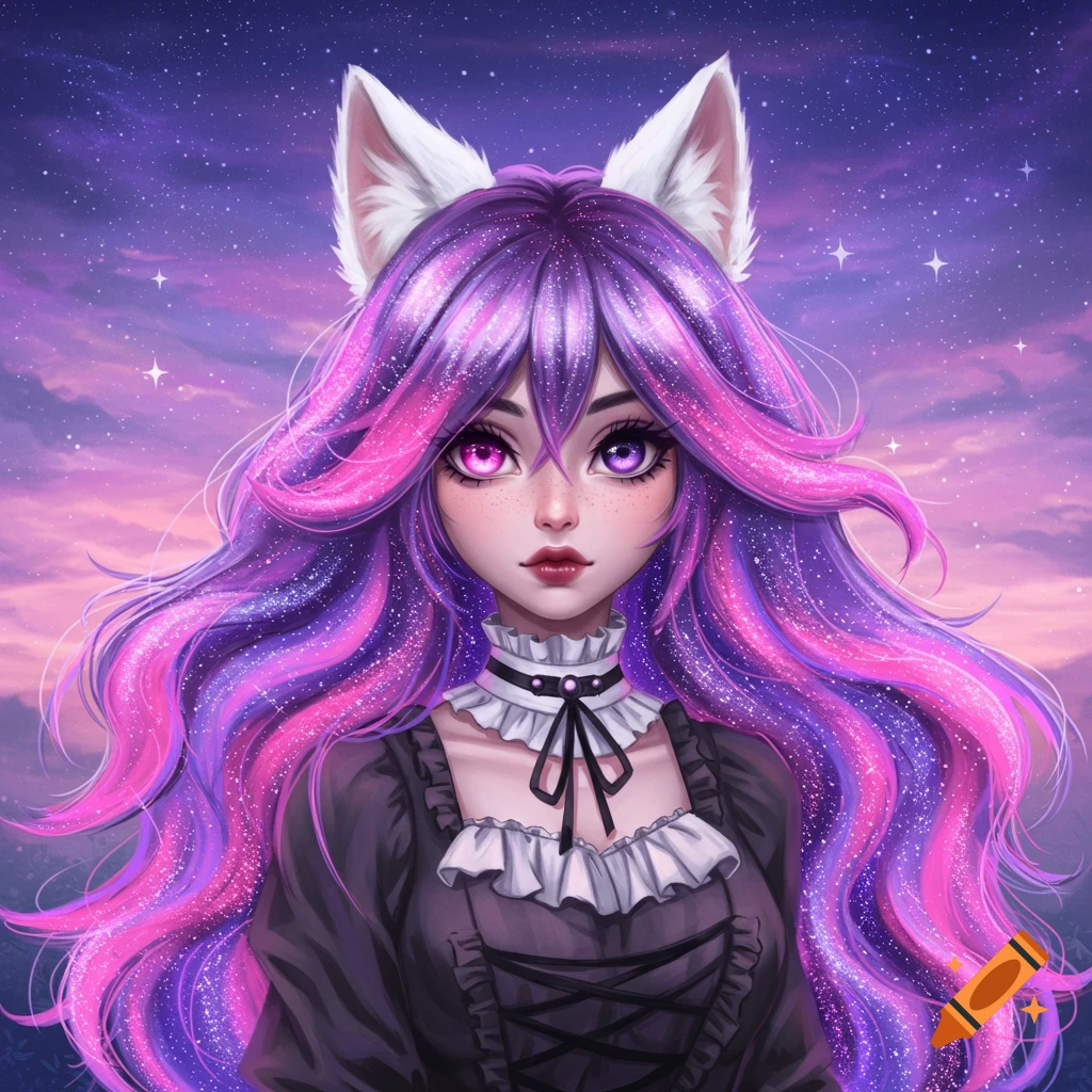 Anime portrait of a girl with white wolf ears, long purple and pink galaxy hair with sparkles, heterochromatic eyes, and a black frilly goth outfit against a starry sky.