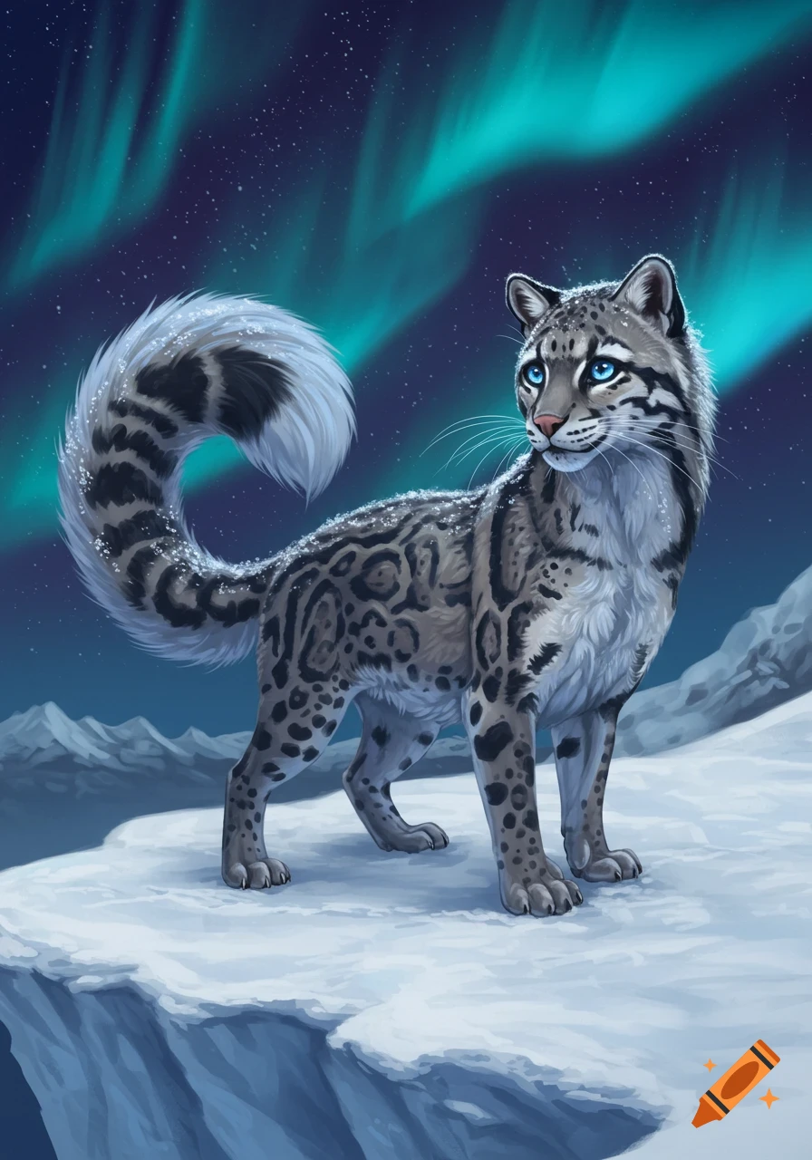 A stylized clouded leopard and arctic fox hybrid stands on a snowy cliff under a starry night sky with teal aurora borealis.