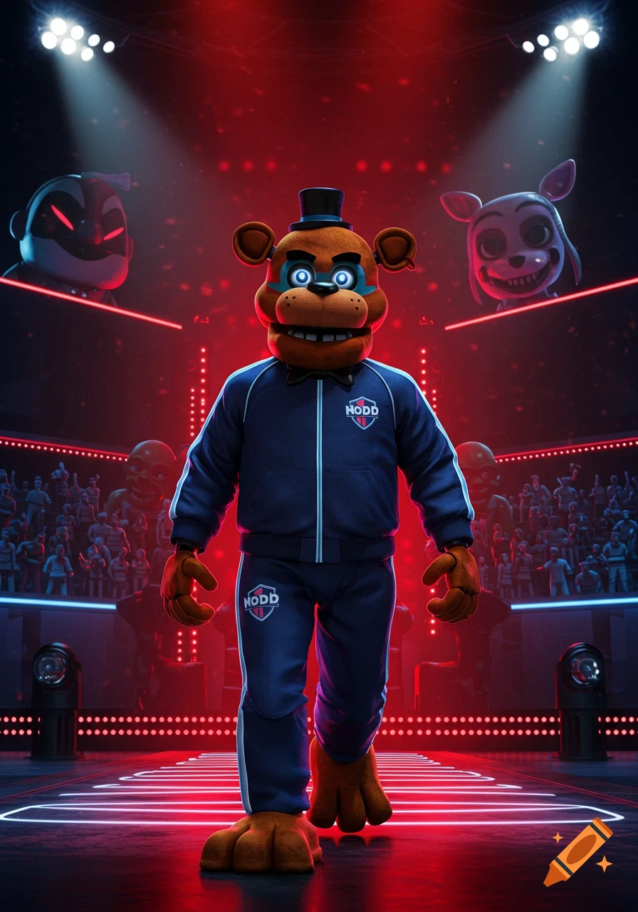 A cartoon bear character resembling Freddy Fazbear in a blue tracksuit walks on a lit stage in a red arena. Other characters are in the background.