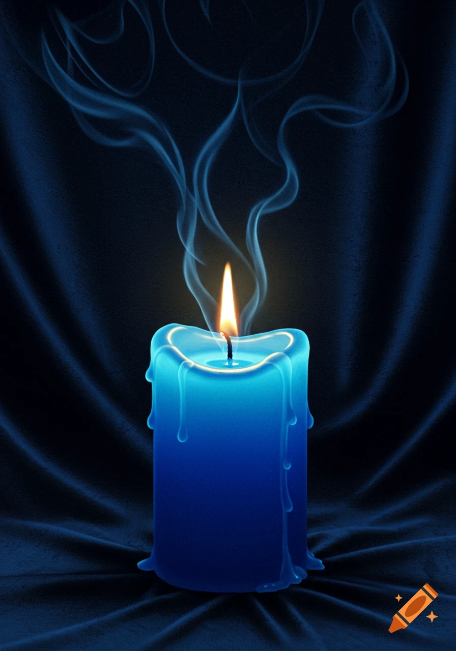 A blue candle with a flickering flame and smoke rising from it, set against a dark, draped background.