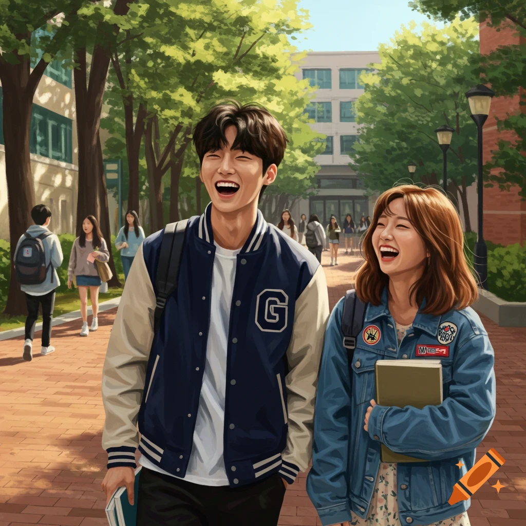 Two laughing Korean college students walk on a sunny university campus, an illustration.