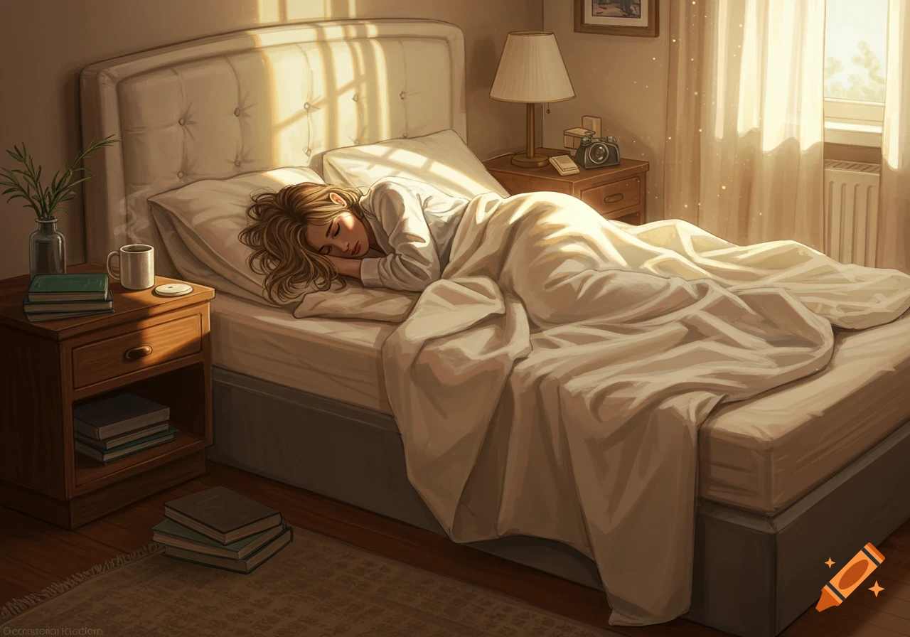 A woman sleeps peacefully under a duvet in a sunlit bedroom, with light streaming through a window.