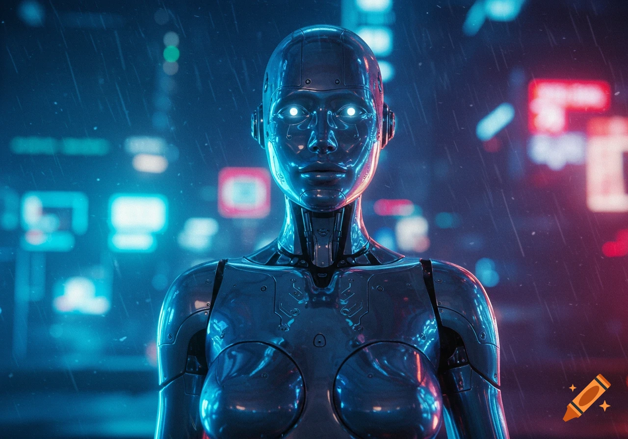 A photorealistic depiction of a silver humanoid robot with glowing eyes in a rainy, neon-lit cyberpunk city at night.