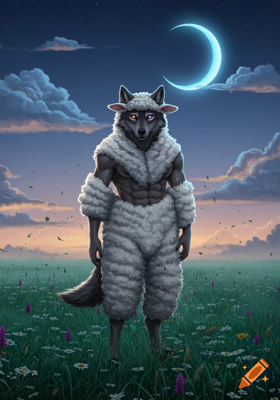 An anthropomorphic wolf-man with rainbow eyes stands in a sheep costume in a moonlit field under a crescent moon, digital art.