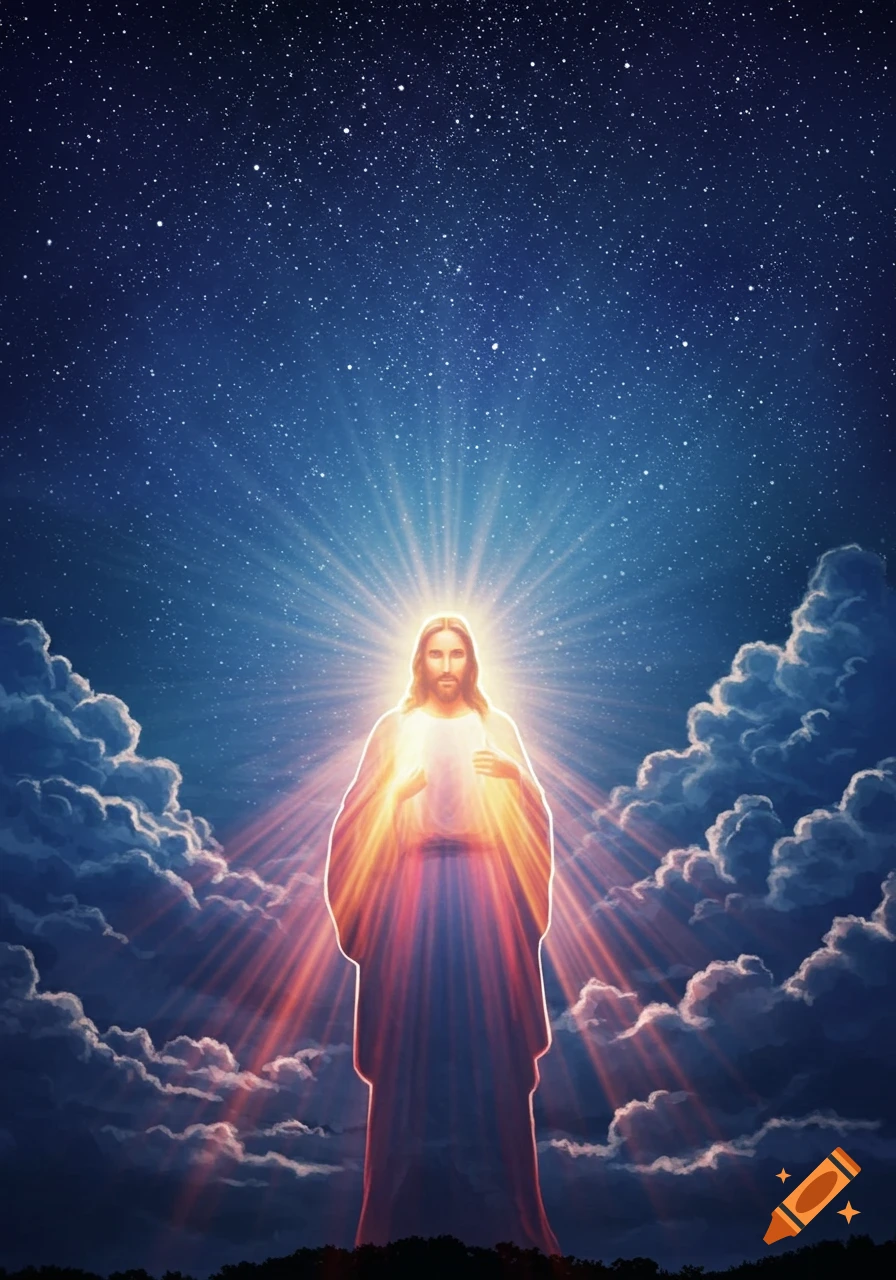 Illustrative depiction of Jesus with a bright aura against a starry night sky and clouds.