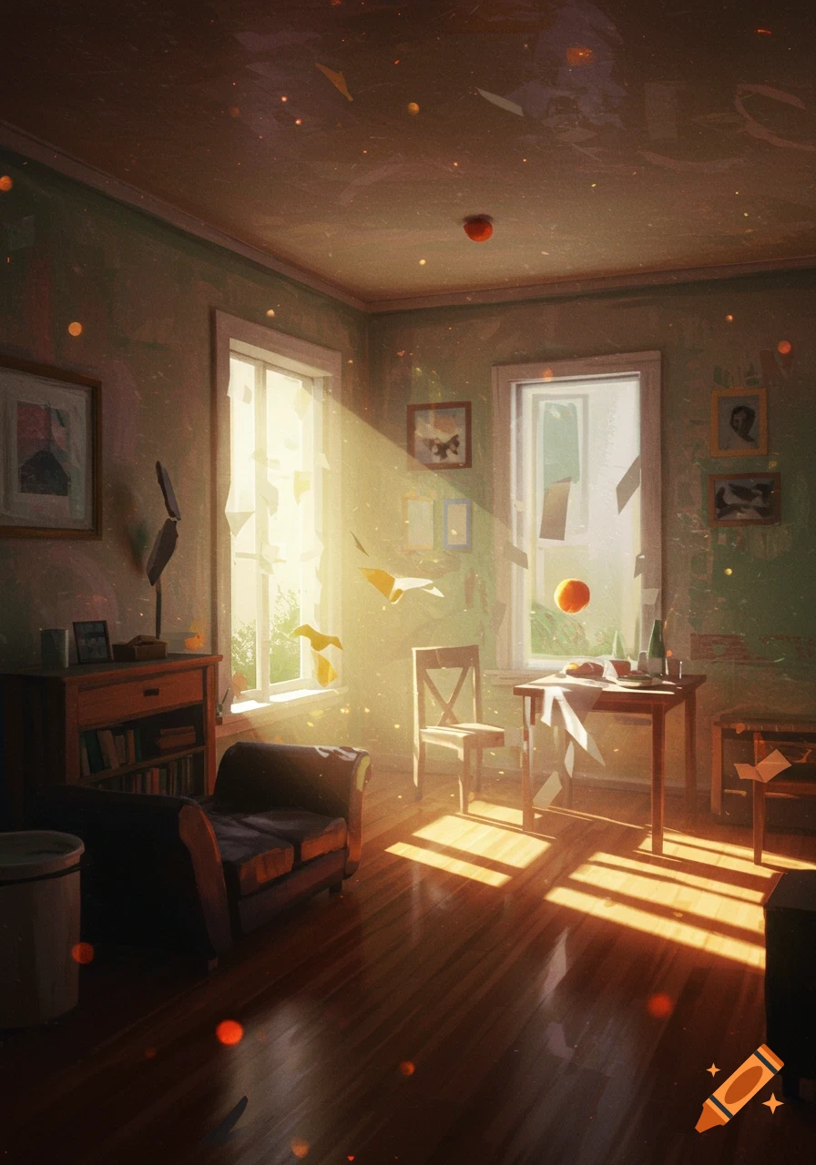 A sunlit room with papers and an orange floating in the air, featuring bright sunlight streaming through windows in a painterly style.