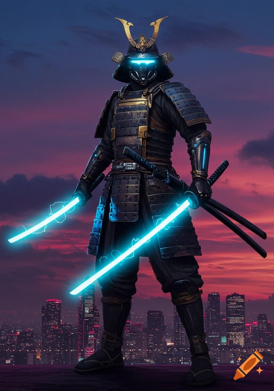A futuristic samurai in black and gold armor with glowing blue visor and two glowing blue katanas stands against a sunset city skyline.
