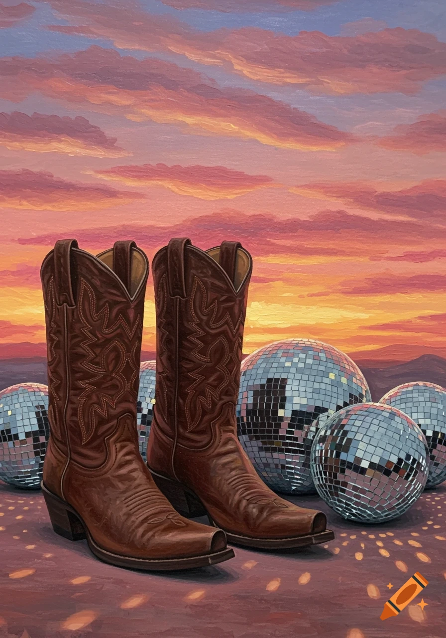 Two cowboy boots and several disco balls on the ground under a vibrant sunset sky, painted in the style of Matisse.
