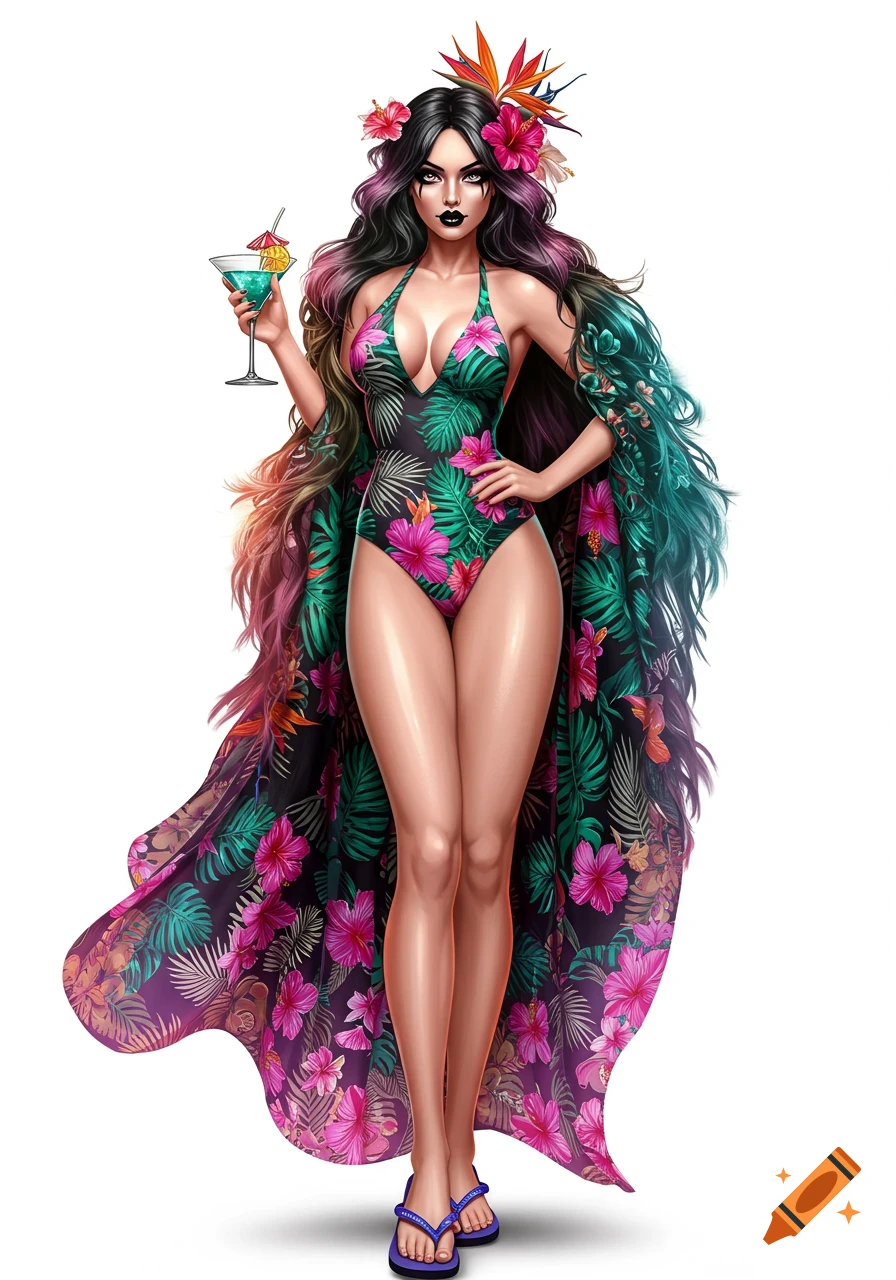 A hyper-realistic illustration of a sassy woman in a tropical swimsuit, holding a cocktail, with flowers in her hair.