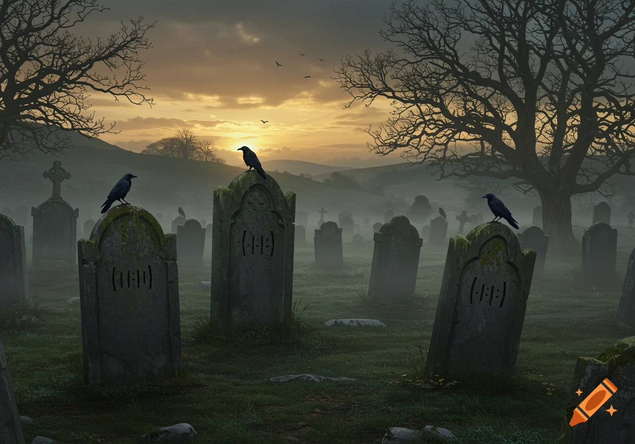 A misty graveyard at sunset or sunrise, with several crows perched on moss-covered gravestones. Bare trees silhouette against the hazy sky.