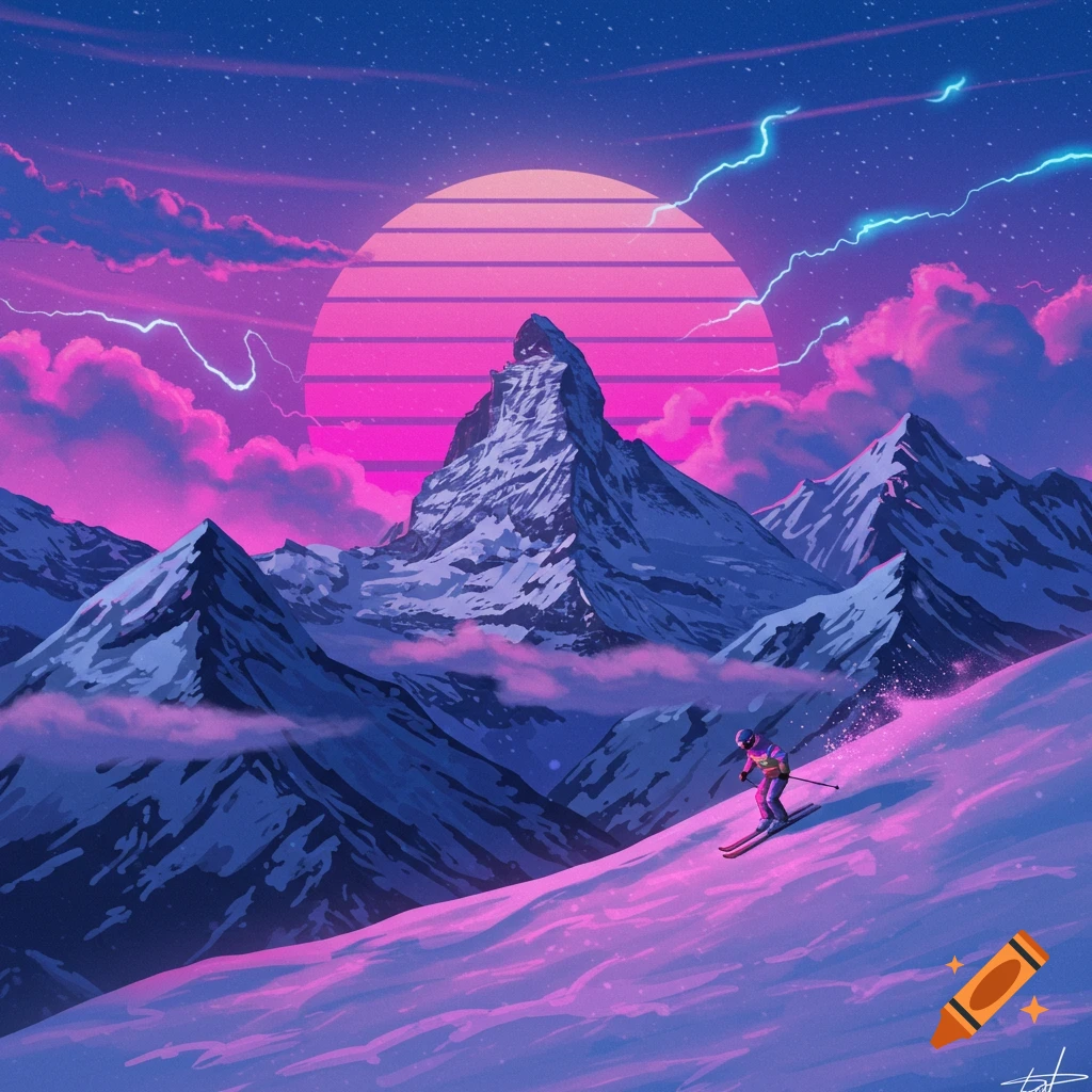 A retro-synthwave illustration of a skier on a pink and purple snowy mountain under a striped sun and lightning.