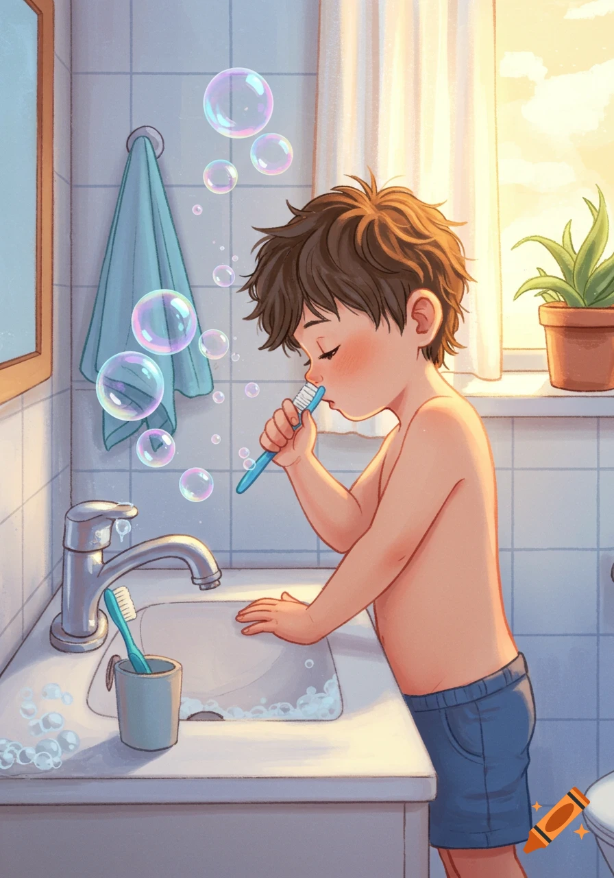 Illustrated young boy brushing his teeth in a bright bathroom, with bubbles floating around the sink.