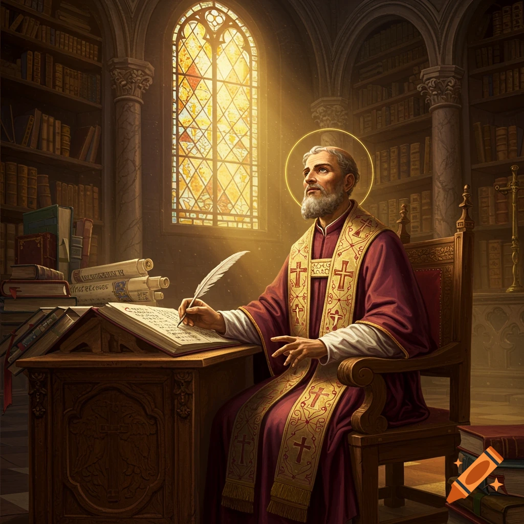 A man with a beard and a halo, dressed in religious robes, writes with a quill at a desk in a library with a large stained-glass window.