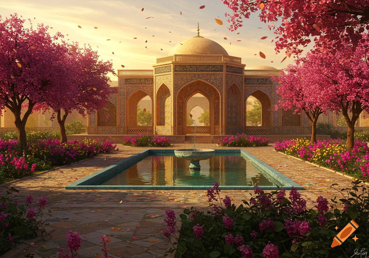 A beautiful ornate building with a dome, surrounded by pink flowering trees and lush gardens. A rectangular pond with a fountain sits in the foreground. Petals fall from the trees under a golden sky.