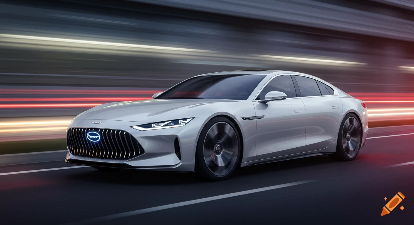 A sleek, pearl white futuristic sedan drives at dusk on a highway with motion blur, featuring an illuminated emblem on its grille.
