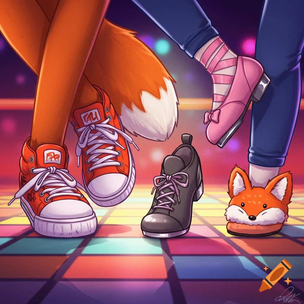 Close-up of fox feet in red sneakers and human feet in ballet slippers and jeans on a disco floor, with a tap shoe and fox slipper.