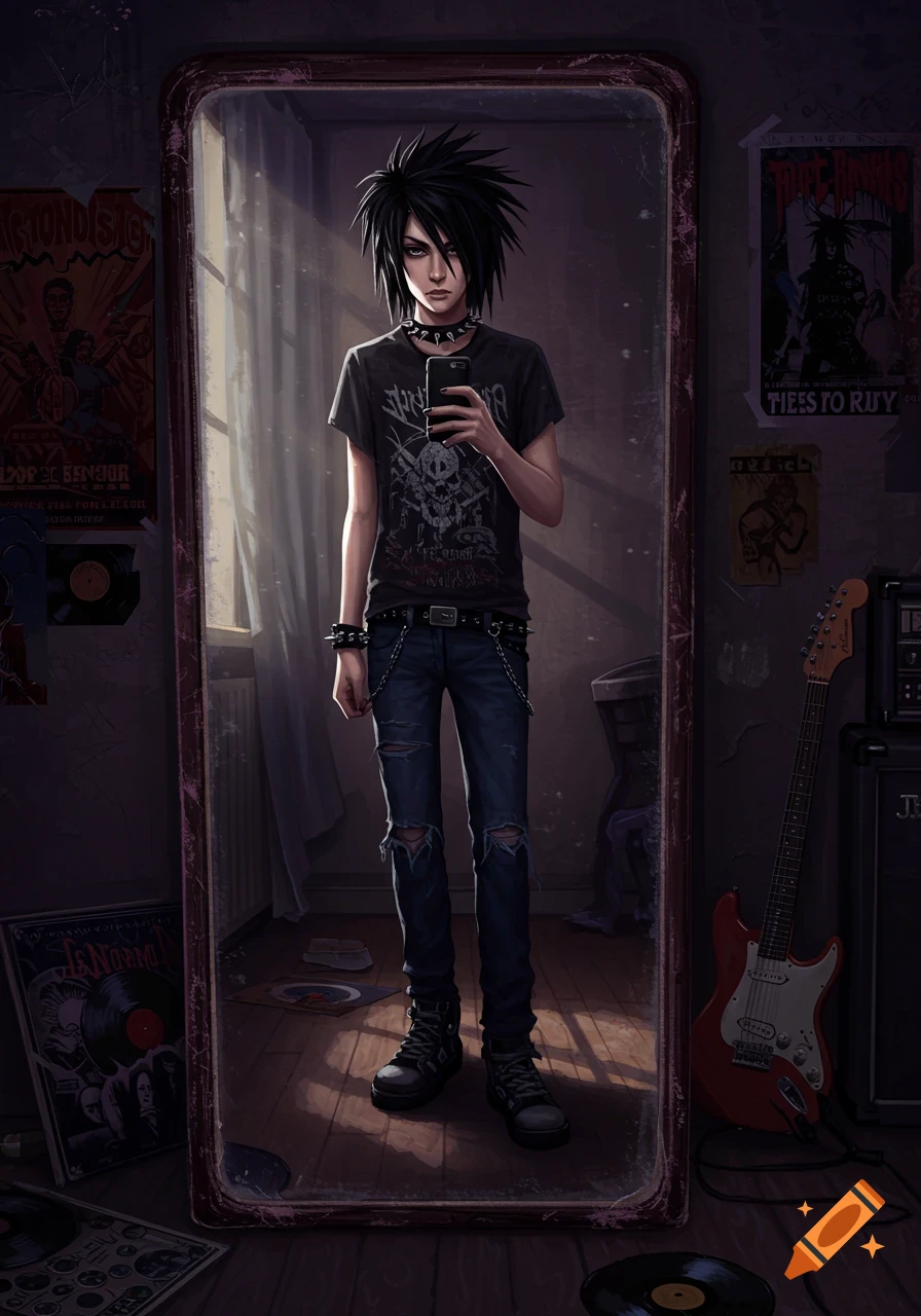A stylized anime-style male teenager with spiky black hair in grunge emo attire takes a mirror selfie in his room, featuring band posters and a guitar.