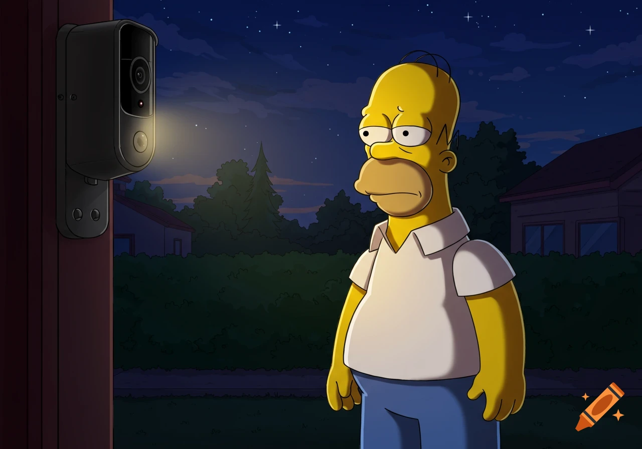 Homer Simpson looks at a Ring doorbell on a house wall at night, in a cartoon style.