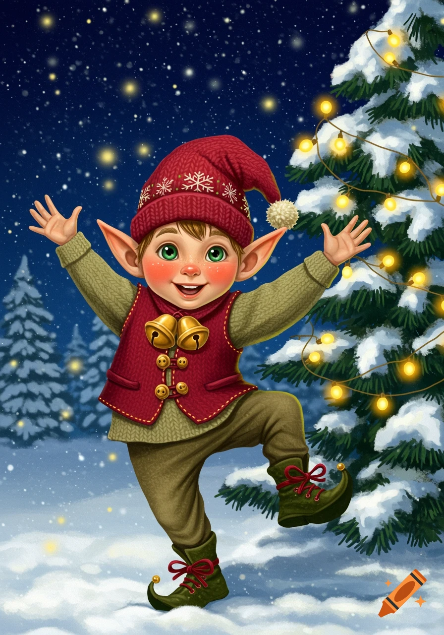 A cute Christmas elf with big green eyes and a red hat smiles with arms raised in a snowy winter night scene with a Christmas tree.