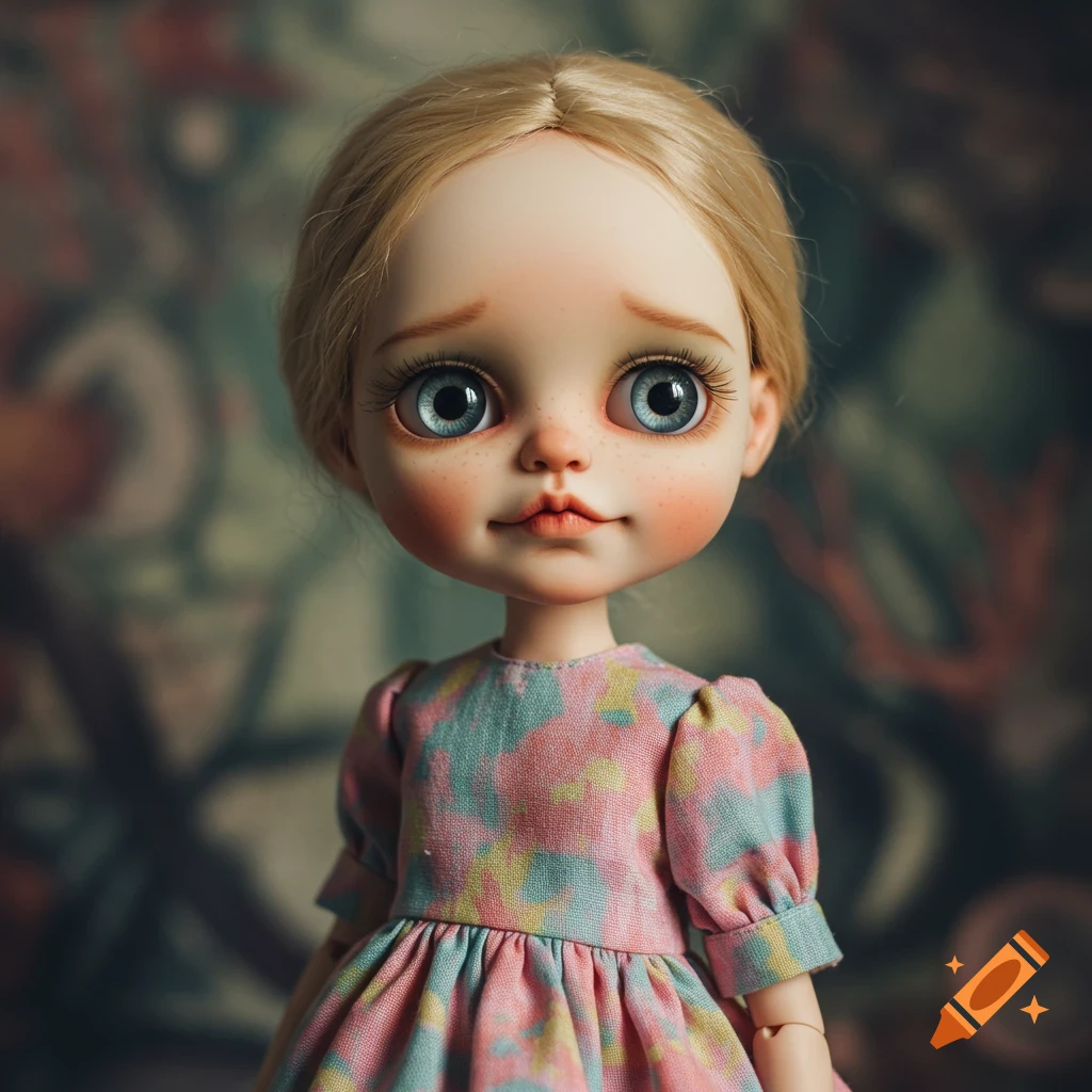 Close-up of a lifelike doll with blonde hair, big blue eyes, and freckles, wearing a pink and blue floral dress.
