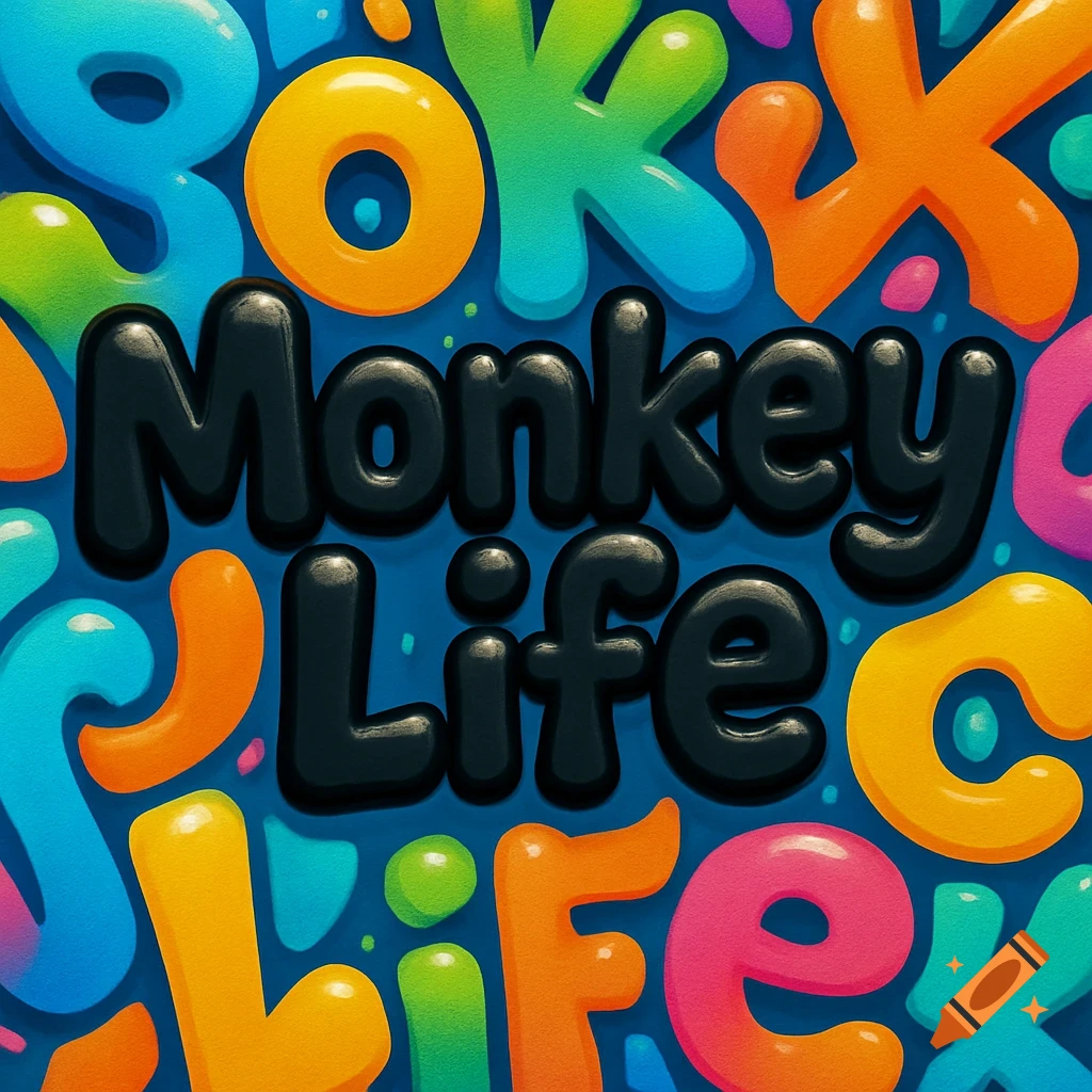 Bold black bubble letters spell "Monkey Life" against a vibrant, colorful background of abstract bubble letters.