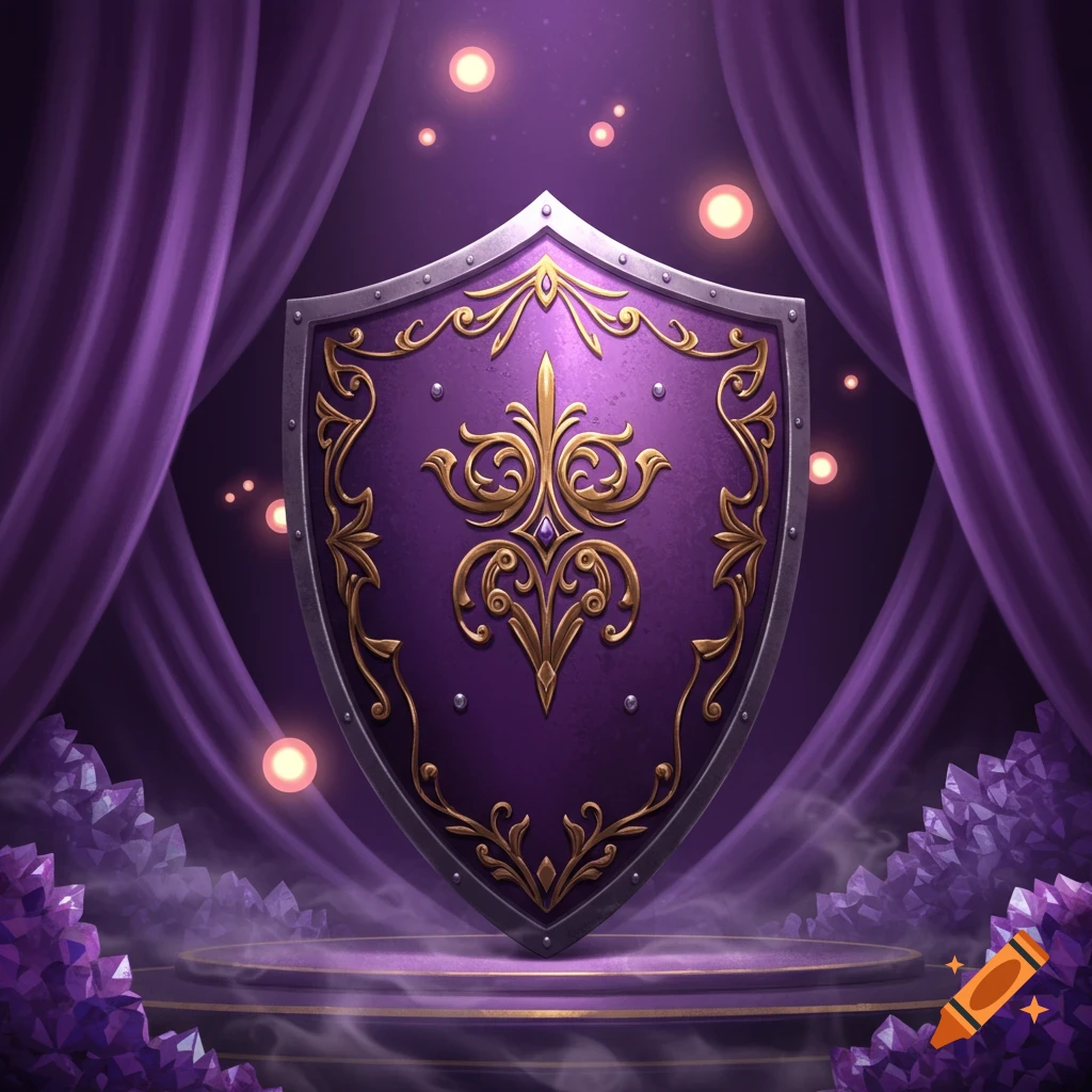A majestic purple shield with ornate gold designs on a pedestal, surrounded by glowing orbs and amethyst crystals against purple drapes.