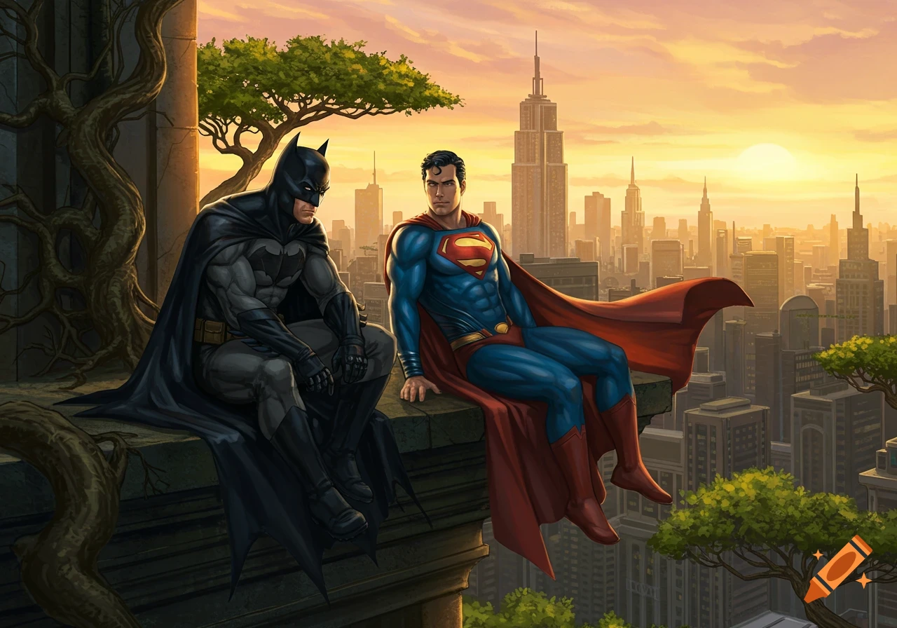 Batman and Superman sit on a rooftop, overlooking a vibrant city skyline at sunset in an illustrative style.