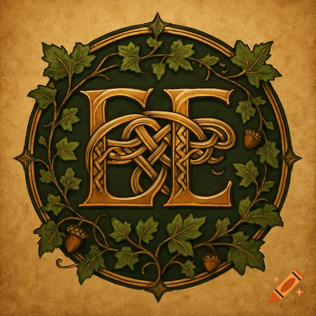 A circular Celtic knot-style logo featuring two intertwined golden letters E surrounded by oak leaves and acorns on parchment.