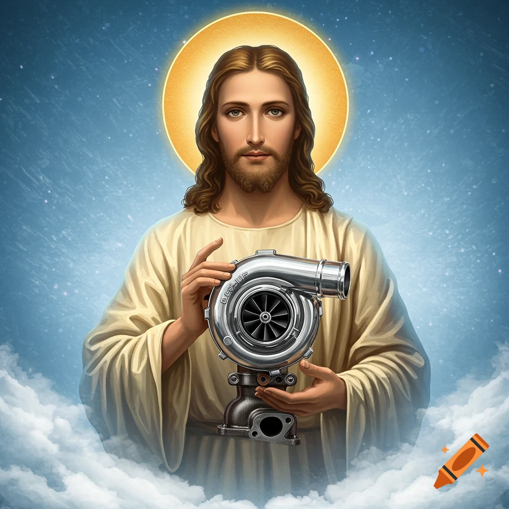 Illustration of Jesus with a halo, wearing a white robe, holding a shiny silver turbocharger while standing in clouds against a blue, starry sky.