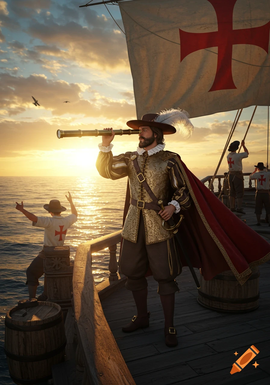 A 16th-century explorer in ornate clothing looks through a telescope from a ship deck at sunset.