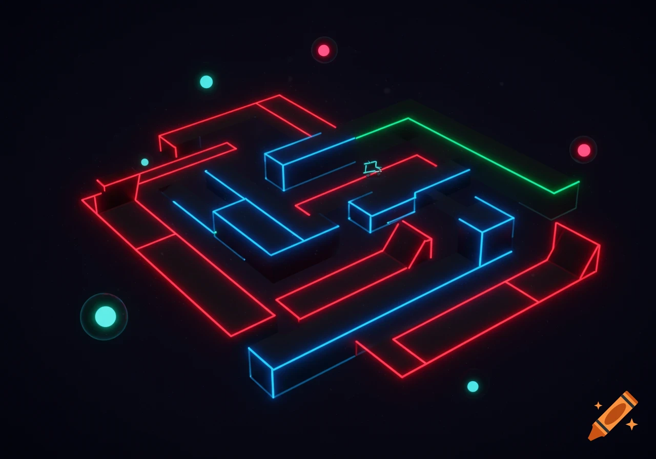 An isometric maze made of glowing red, blue, and green neon lines on a dark background, with small floating spheres.