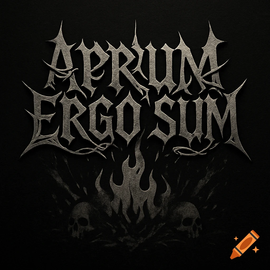 Dark metal band logo featuring the stylized text 'APRUM ERGO SUM' above two skulls with flames, on a black background.