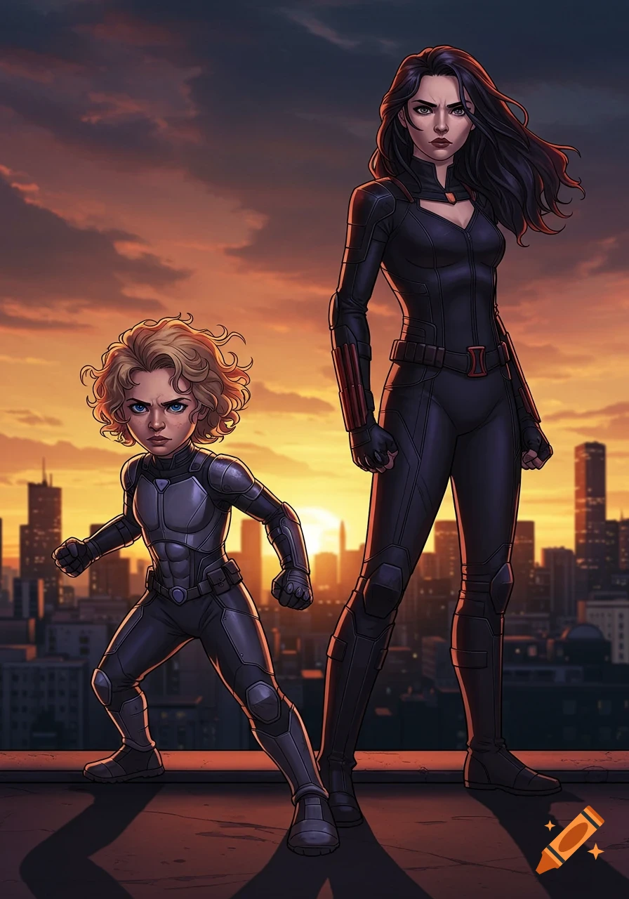Two comic book superheroes, an adult woman and a child, stand on a rooftop at sunset with a city skyline behind them.