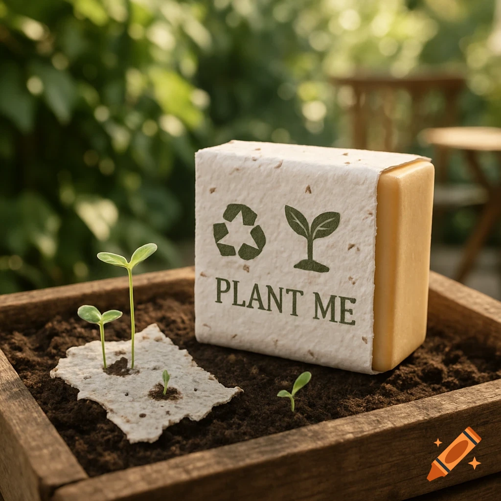 An eco-friendly soap bar with plantable packaging displaying 'PLANT ME' text and eco symbols, next to sprouts in a wooden planter.