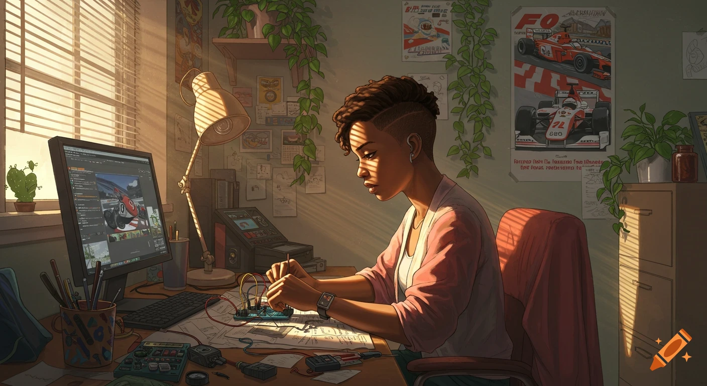 A woman works on an Arduino project at her desk, illuminated by sunlight. Formula 1 posters and plants adorn the room.