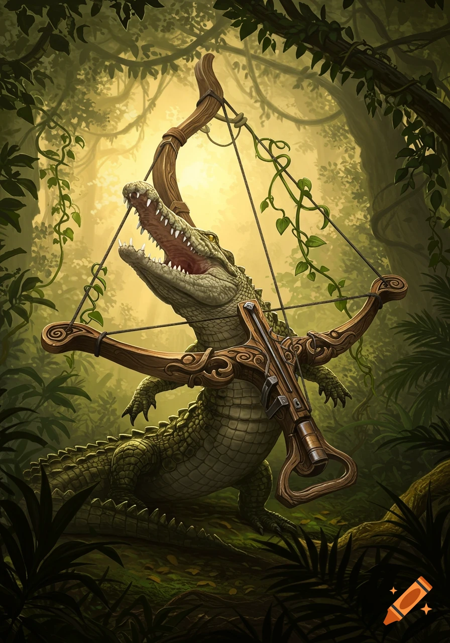 An illustration of a crocodile integrated with a crossbow, in a lush jungle setting.